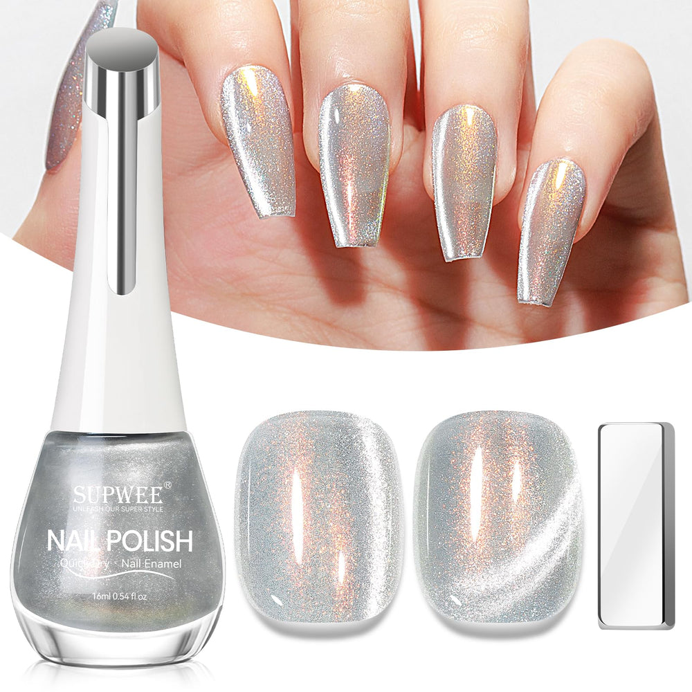 SUPWEE Aurora Silver Cat Eye nail polish for quick-dry magnetic shimmer