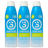 Surface Dry Touch Spray Sunscreen bottle showing fast-drying, non-greasy protection