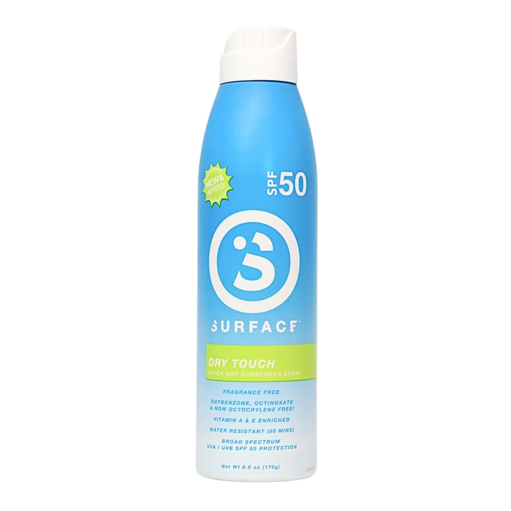 Surface Sun Systems SPF 50 sunscreen spray bottle shows broad protection for outdoor use
