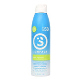 Surface Sun Systems SPF 50 sunscreen spray bottle shows broad protection for outdoor use