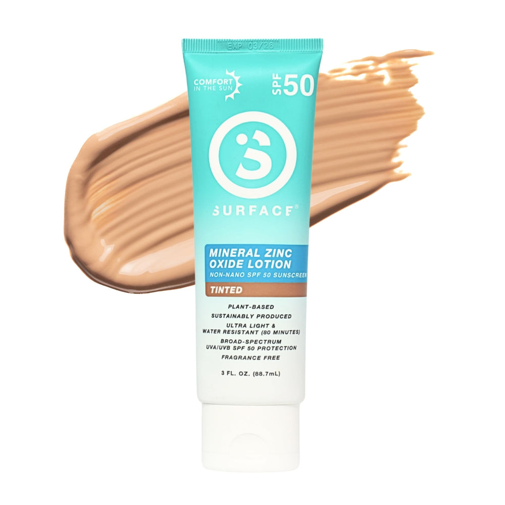 Surface Sun Systems tinted mineral sunscreen bottle showing natural coverage