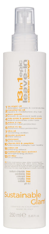 Sustainable Glam Epic leave-in detangler bottle with keratin and oils.
