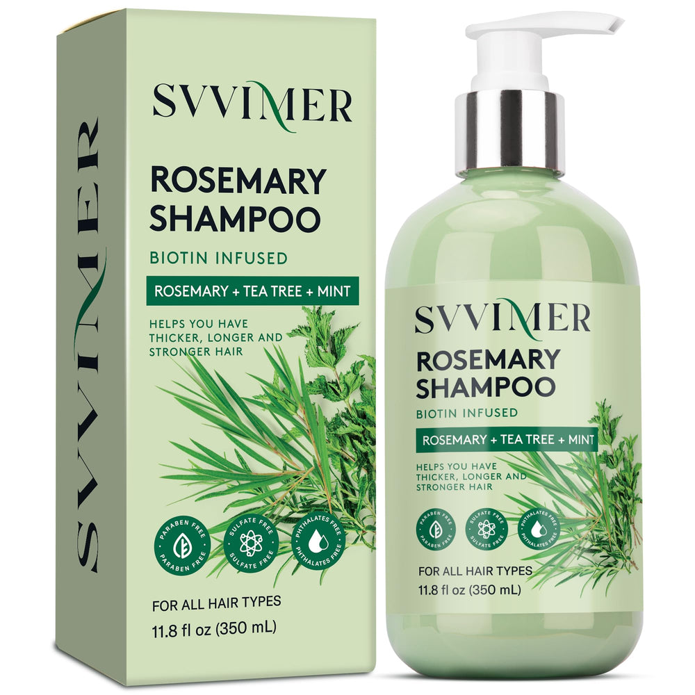 Svvimer rosemary thickening shampoo bottle promoting fuller-looking hair.