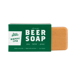 Swag Brewery Hoppy IPA beer soap bar close-up showing real beer ingredients.