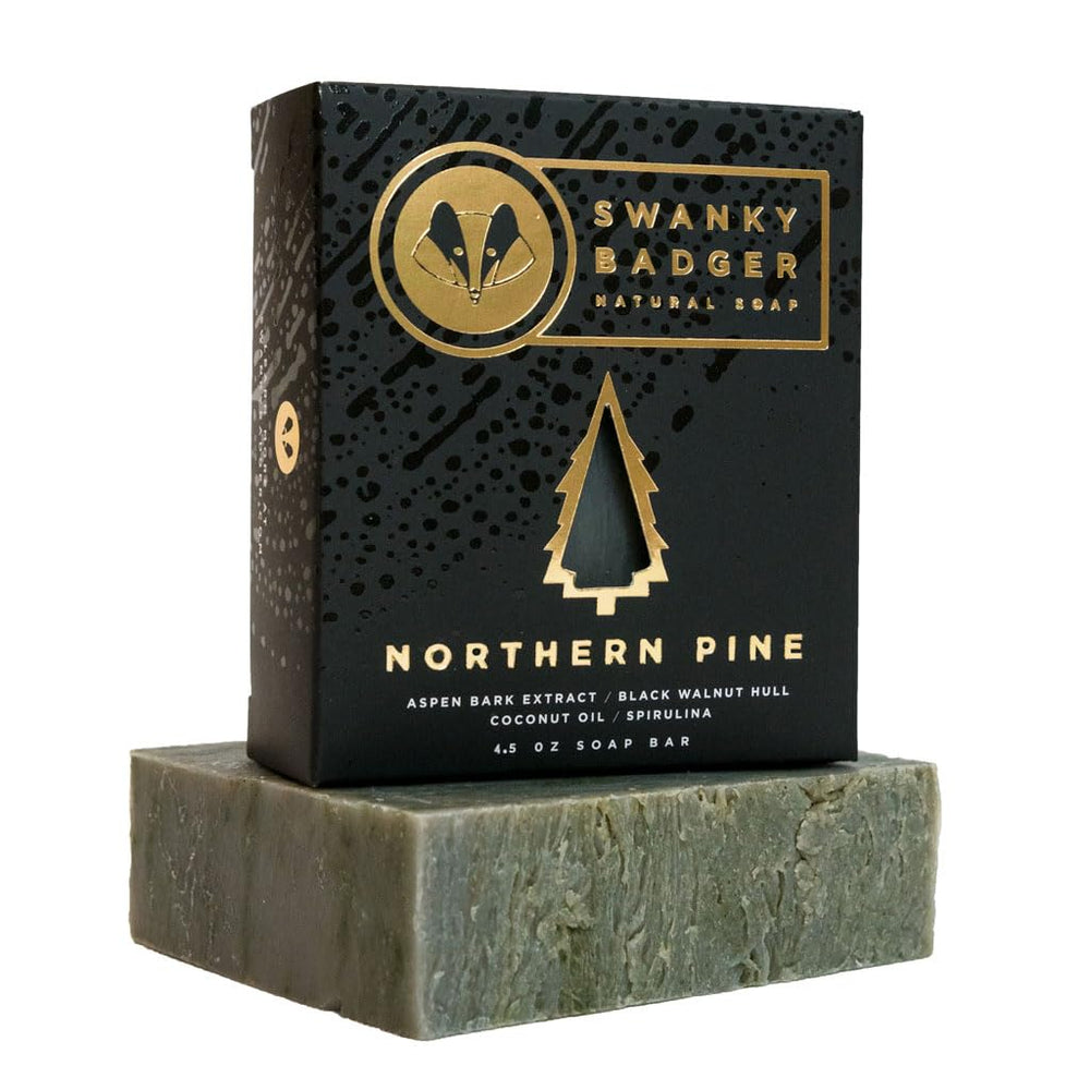 Swanky Badger Northern Pine bottle close-up, nourishes skin with rich oils