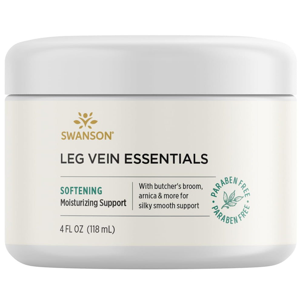 Swanson Leg Vein Essentials Cream bottle close-up for smooth leg comfort.