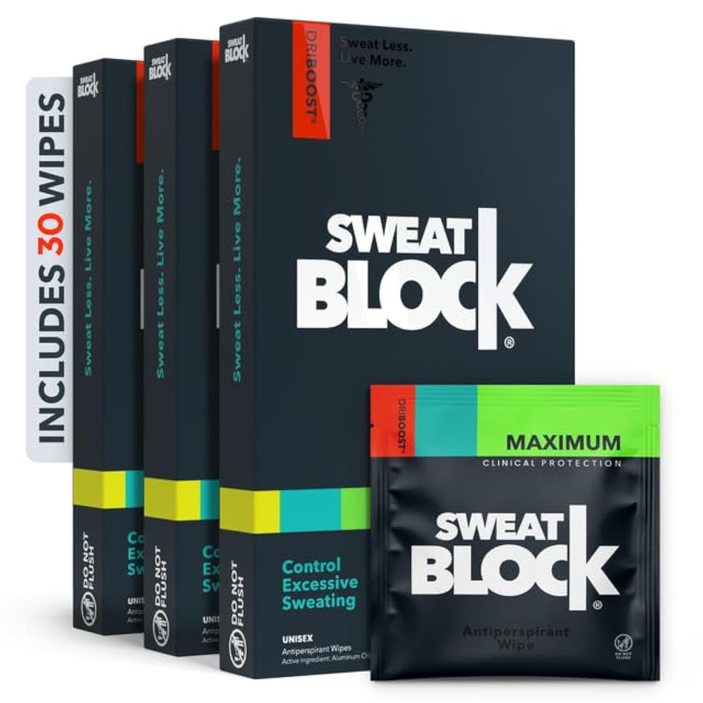 SweatBlock Wipes packaging shows clinical-strength protection for confident wear.