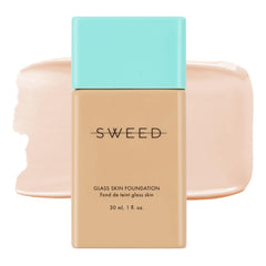 SWEED Glass Skin Foundation bottle close-up shows sleek packaging and second-skin texture.