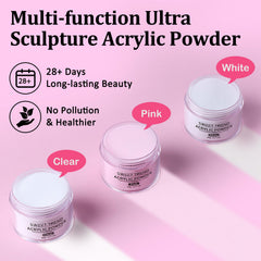 Sweet Trend acrylic powder image showing clear, white, and pink shades for customization