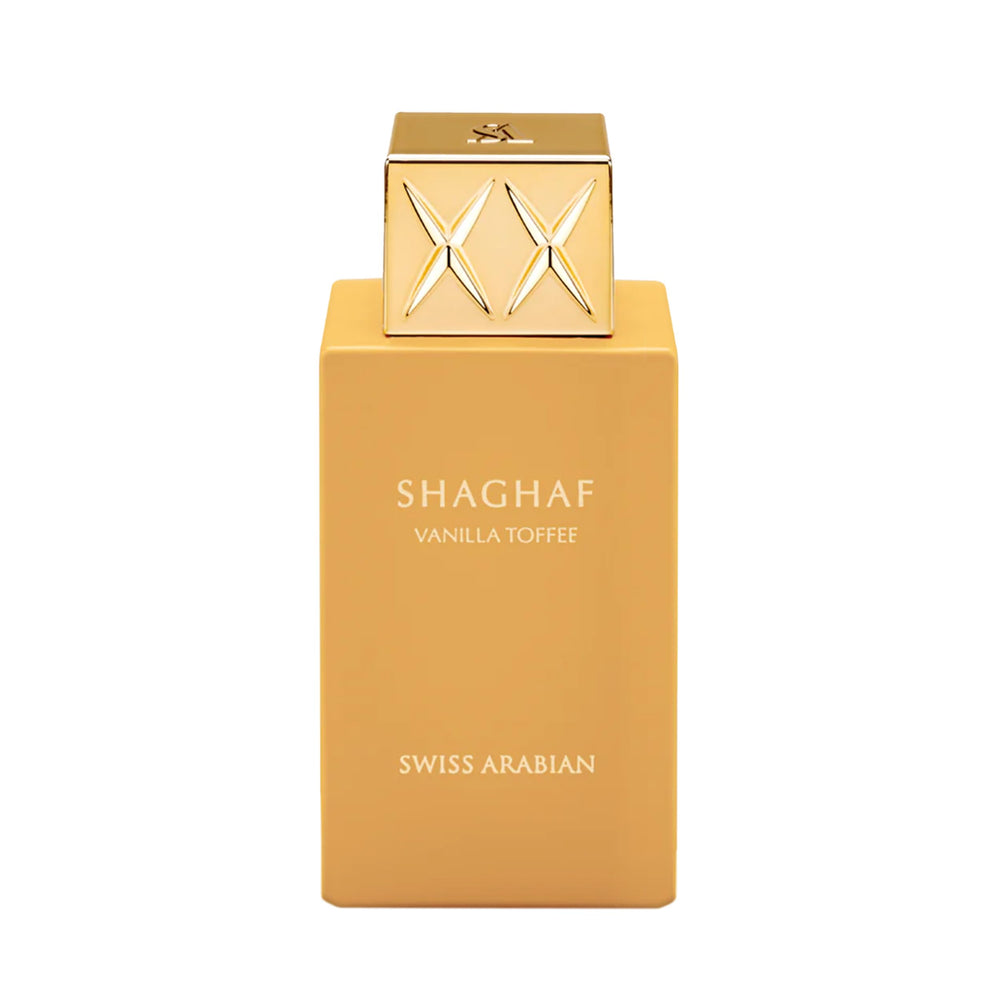 Swiss Arabian Shaghaf Vanilla Toffee bottle with pour, long-lasting fragrance for day and night