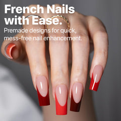 SXC Red Series medium-square nails close-up with bold red tip for glam