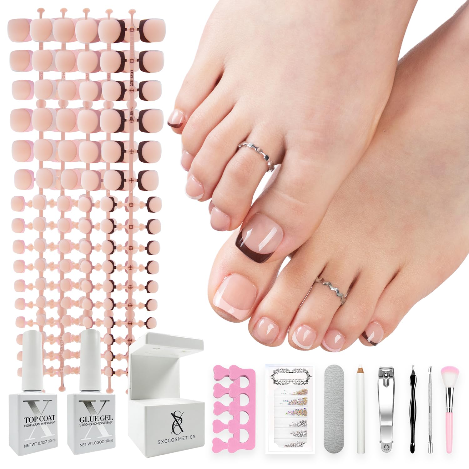 SXC X-Pro Tips French Tip Toenails packaging for easy at home pedicure.