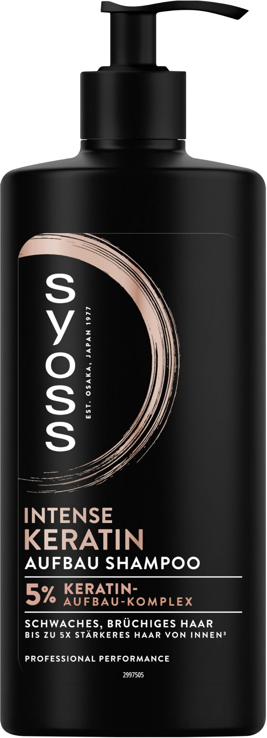 Syoss Keratin Shampoo bottle close-up showing premium formula for strong, healthy-looking hair