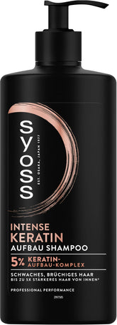 Syoss Keratin Shampoo bottle close-up showing premium formula for strong, healthy-looking hair