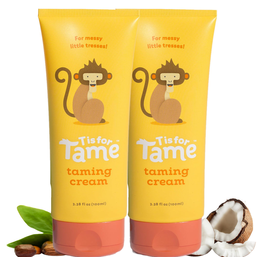 T is for Tame kids hair taming cream bottle front, gentle all-natural formula for smooth hair.