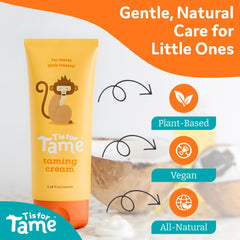 T is for Tame cream on curly hair shows frizz control and matte finish.