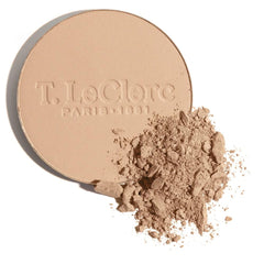 Brush applying T. LeClerc Rice Compact Powder for a smooth texture.