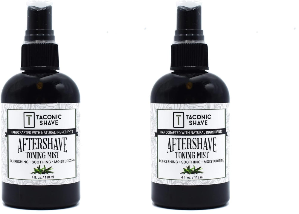 Taconic Shave all natural aftershave bottle closeup for soothing hydration after shaving.