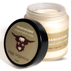 Tagg Organics whipped tallow cream in a jar with frankincense for aromatic hydration.