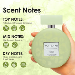 TAHARI bottle closeup reveals pistachio-vanilla notes for a feminine feel
