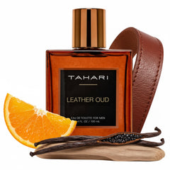 TAHARI Leather Oud Eau de Toilette bottle showing bold masculine scent for evenings.