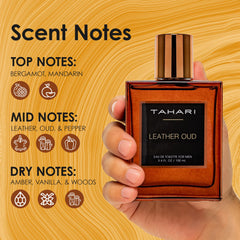 TAHARI Leather Oud top-note bergamot highlight for a fresh opening.