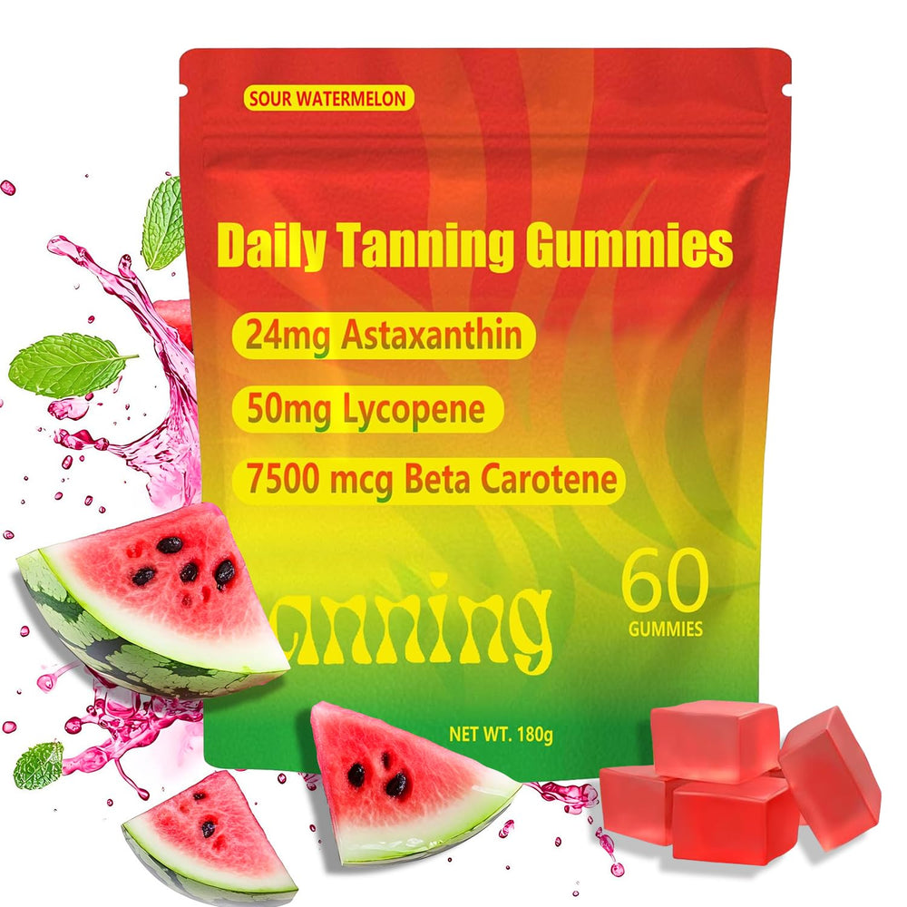 TailTrespass Tanning Gummies bottle pour shows vegan, non-GMO glow-support formula.