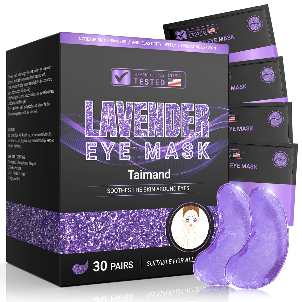 Taimand Lavender Under Eye Patches bottle displays calming eye care benefits.