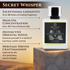 TAJ MAX Secret Whisper bottle-closeup captures amber and sandalwood notes.
