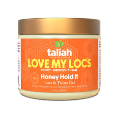 Taliah Waajid Love My Locs Honey Hold It Gel jar close-up highlighting hibiscus and thyme for scalp care