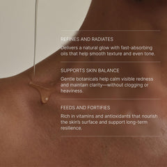 TALOVA Botanical Elixir pour gesture highlights a non-greasy finish.