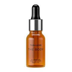Tan-Luxe The Body Illuminating Self-Tan Drops bottle close-up for customizable, natural glow.