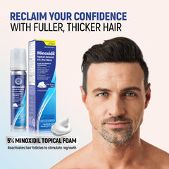 TARO Minoxidil 5% foam bottle side highlights compact home use design