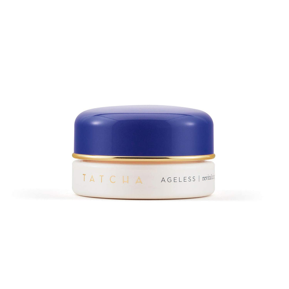 TATCHA Ageless Revitalizing Eye Cream bottle close-up showing hydration.