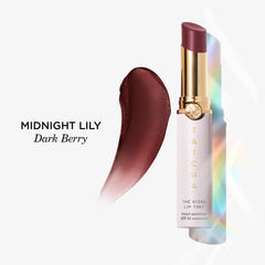 Midnight Lily on lips reveals creamy texture and subtle shine