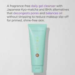 Close-up of Tatcha Matcha Cleanse bottle, showing foaming action for a refreshed cleanse.