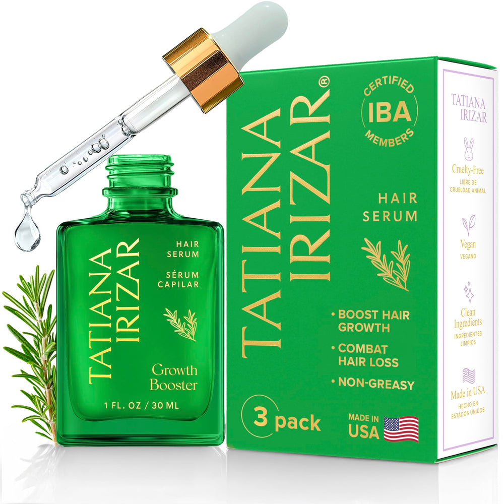 Tatiana Irizar hair growth serum bottle front, USA-made formula for healthier-looking hair.