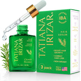 Tatiana Irizar hair growth serum bottle front, USA-made formula for healthier-looking hair.