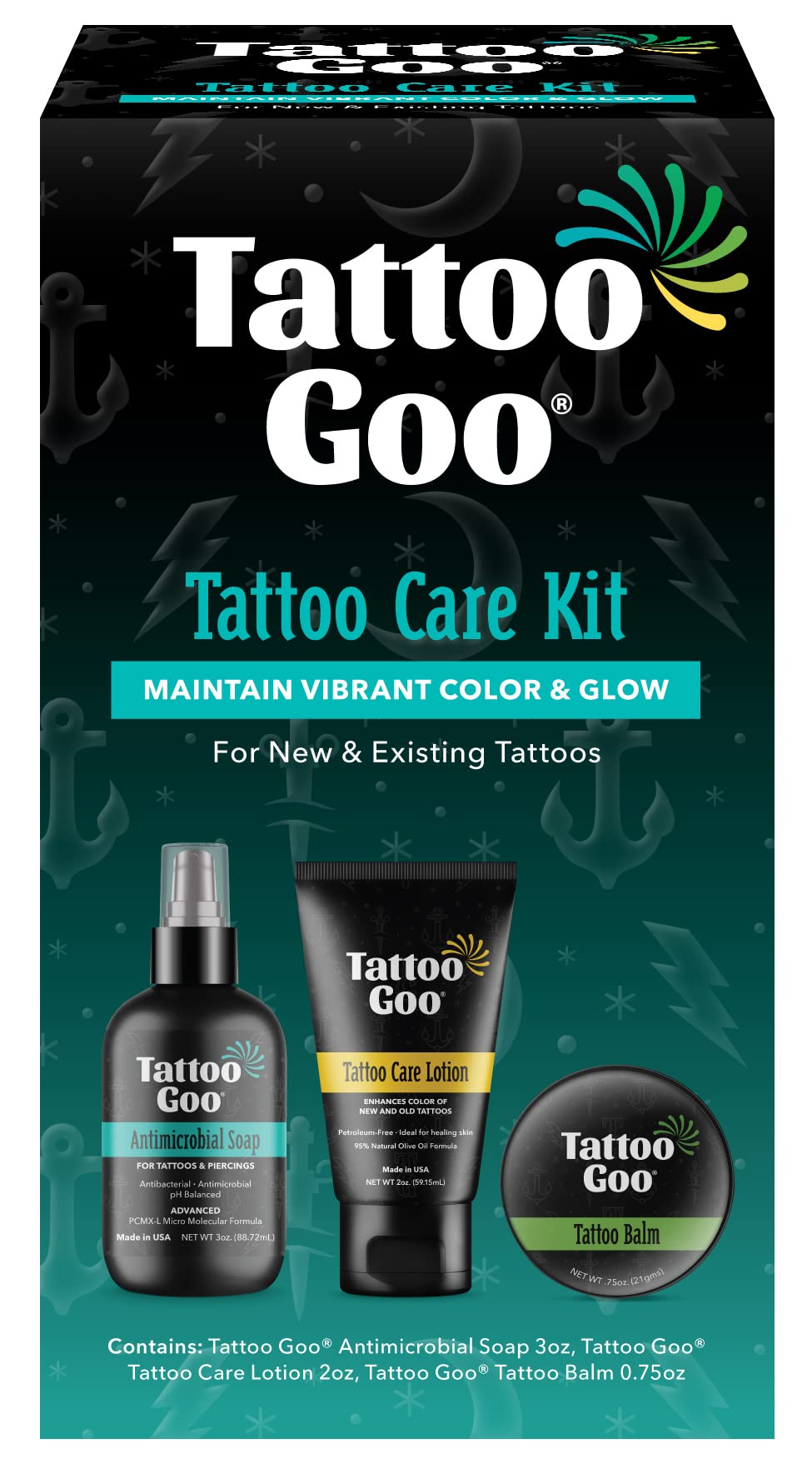 Tattoo Goo antimicrobial soap bottle close-up for gentle cleansing of new ink