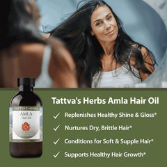 Tattva's Herbs Amla Oil being poured for scalp and hair nourishment.