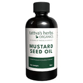 Tattva's Herbs Mustard Seed Oil bottle close-up for versatile use in hair, skin, and cooking.