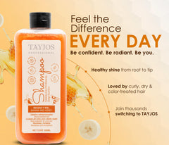 TAYJOS PROFESSIONAL Banana & Honey bottle pour shows rich lather for nourishing strands.