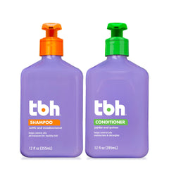 TBH Kids & Teen shampoo and conditioner bottle front, sulfate-free formula for gentle cleansing