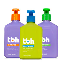 TBH Kids shampoo bottle front with sulfate-free formula for gentle cleansing.