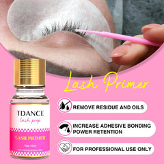 TDANCE Lash Primer clear formulation close-up highlights residue removal.
