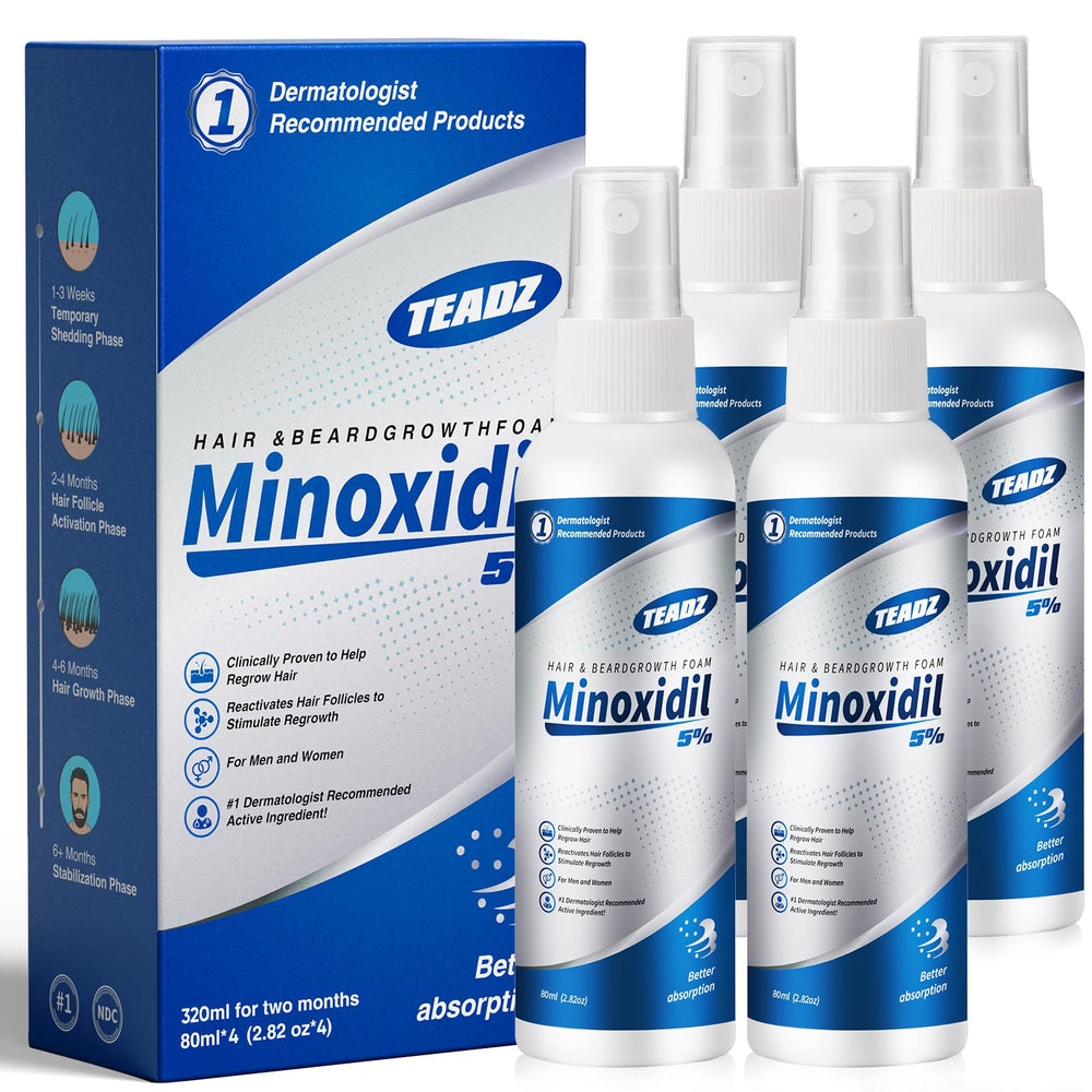 TEADZ 5% Minoxidil bottle close-up highlighting premium formula for hair support