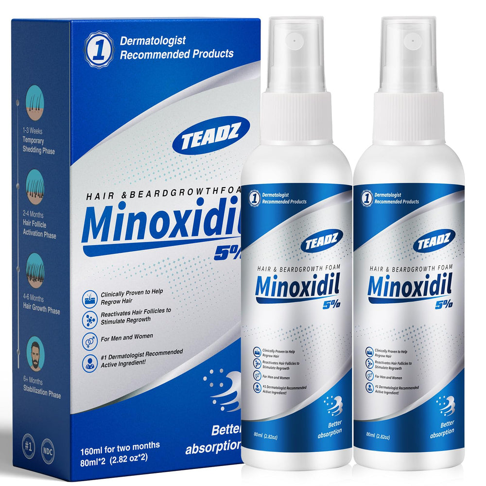 TEADZ Minoxidil 5% bottle close-up highlighting hair growth support