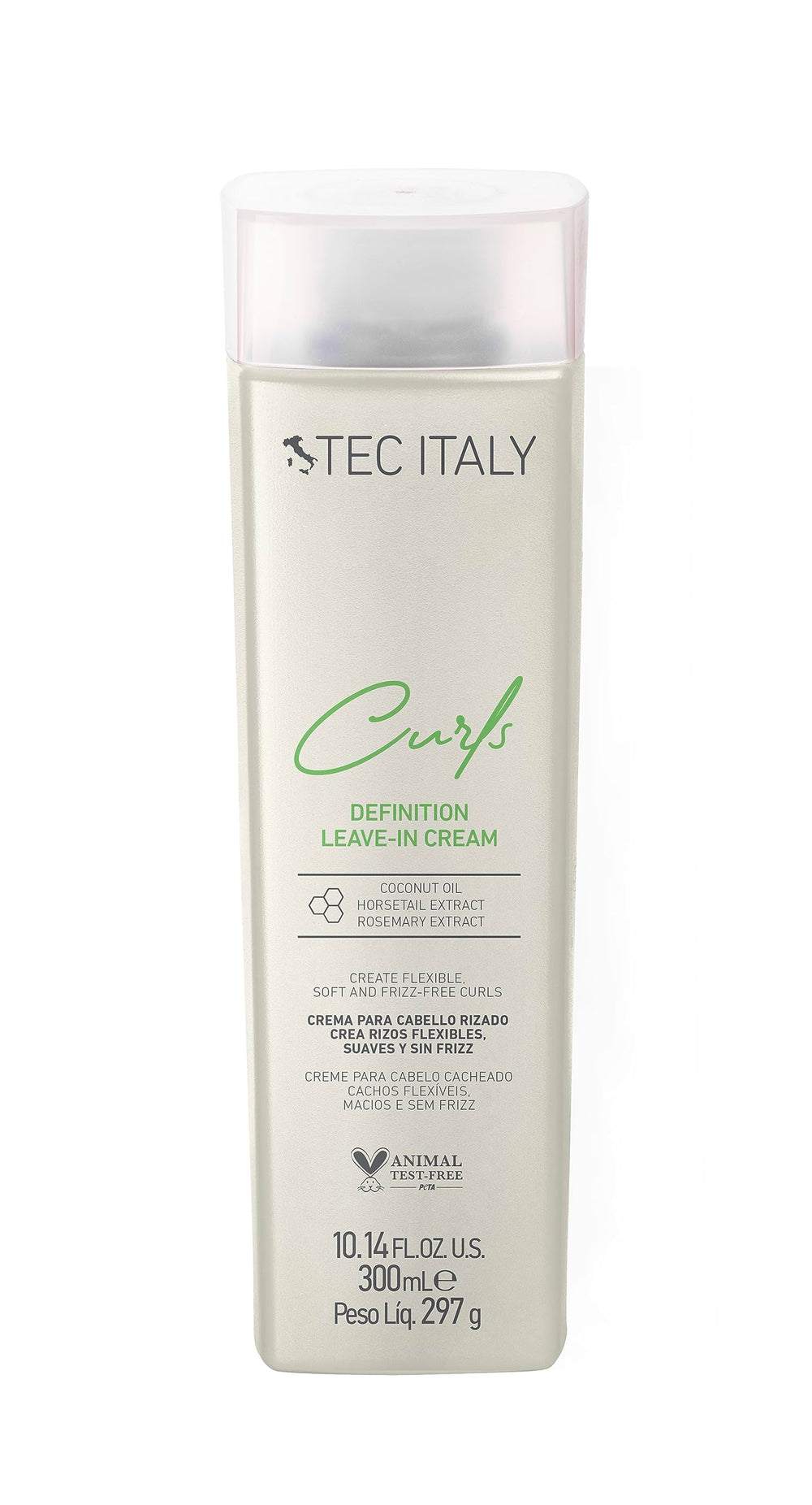 Tec Italy Curls Leave-In Cream bottle with label, highlighting hydration and frizz control.