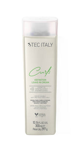 Tec Italy Curls Leave-In Cream bottle with label, highlighting hydration and frizz control.
