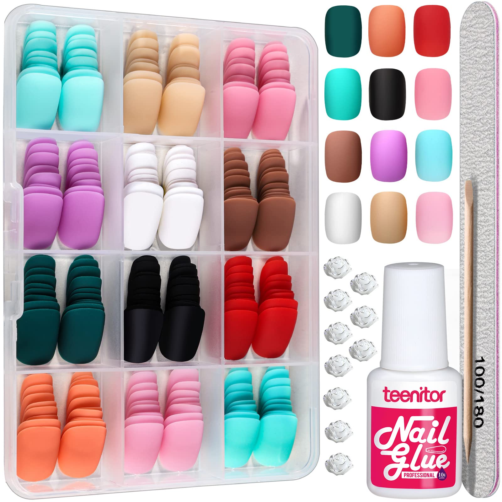 Teenitor extra-short matte nails set in a tray for quick, neat manicures.